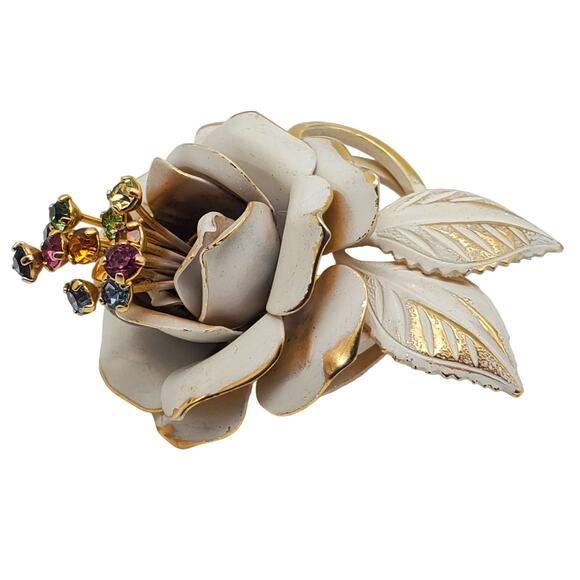 Vintage Enamel Flower Brooch Rhinestone Pin White Rose Gold Tone 1950s Statement - Picture 1 of 10
